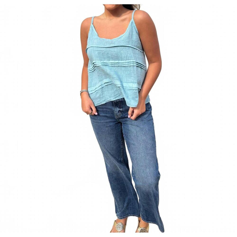 NEW MILIO MILANO front pleated tank top in blue zuccero